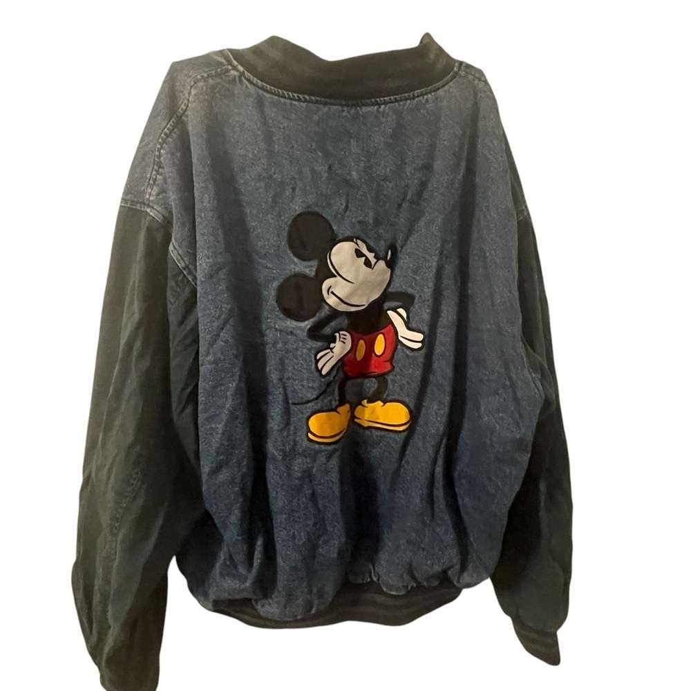 VTG 90s Genius DISNEY Mickey Mouse Denim Blue Green Snap Varsity Jacket XL RARE